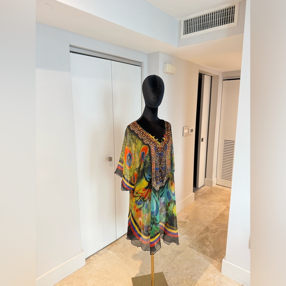 Colorful animal print Kaftan with Beaded Neckline - one size